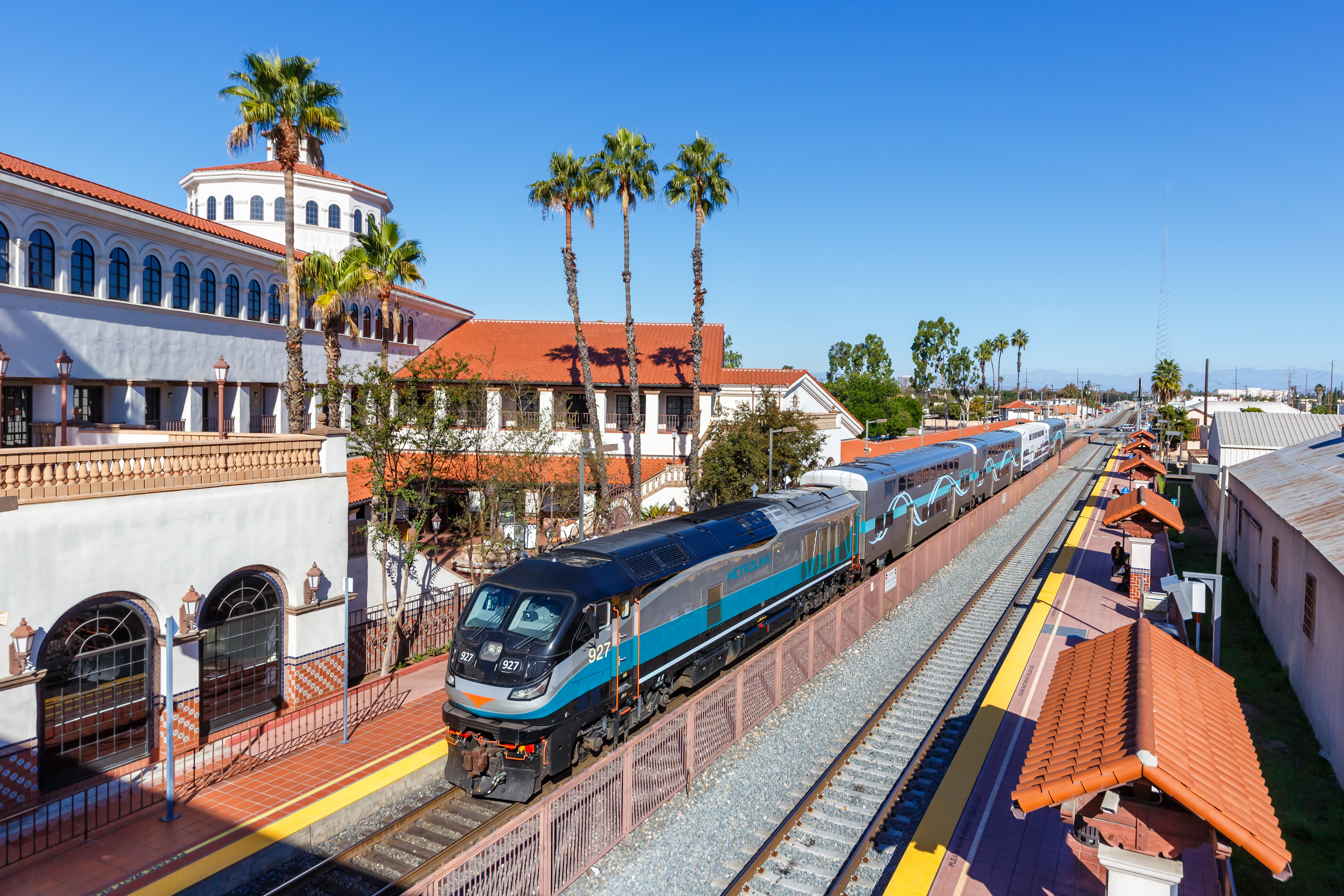 Santa Ana, United States - November 6, 2022: Metrolink commuter rail train at Santa Ana railway station near Los Angeles, United States.